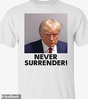 The shirt featured former President Donald Trump's infamous mug shot over the words 