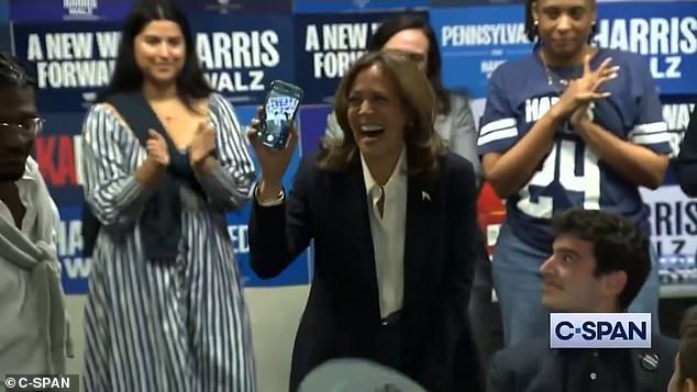 'Have you voted yet?' Harris said beaming over the phone. He paused as if listening, before exclaiming, 'You did it, thank you!'