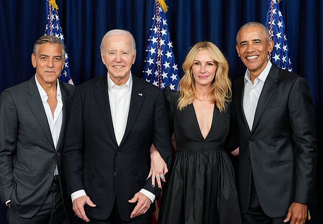 Roberts has historically been vocal about his Democratic politics, having previously endorsed Barack Obama and Joe Biden for president; (L-R) George Clooney, President Biden, Julia and former President Barack Obama photographed in June 2024