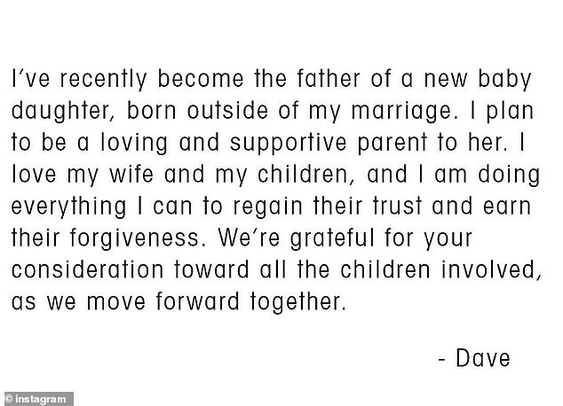 On September 10, Dave took to social media to announce in a statement that he had welcomed a daughter and promised to try 