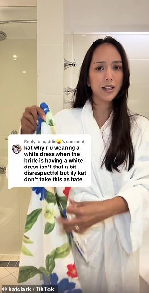 In her TikTok video, Kat asked her followers to weigh in on the etiquette of wearing white at a wedding, a tradition that is often frowned upon in many cultures.