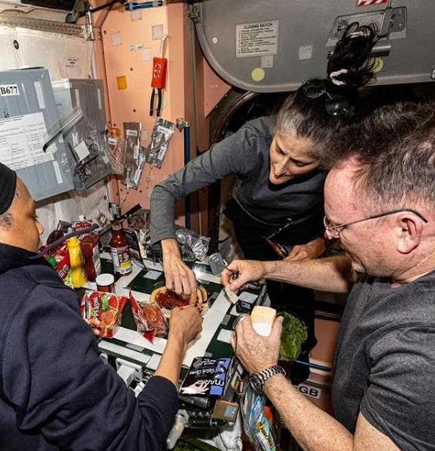 The crew eats high-calorie foods to combat the harsh muscle-wasting effects of being in space.