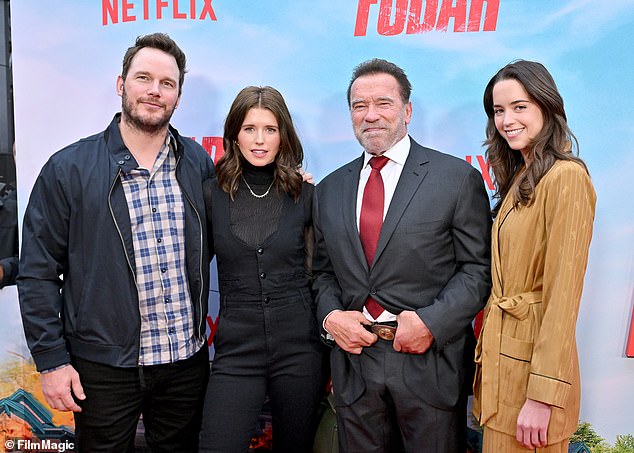 (LR) Pratt, Katherine Schwarzenegger, Arnold Schwarzenegger and Christina Schwarzenegger attend the Los Angeles debut of Netflix's FUBAR in May 2023.