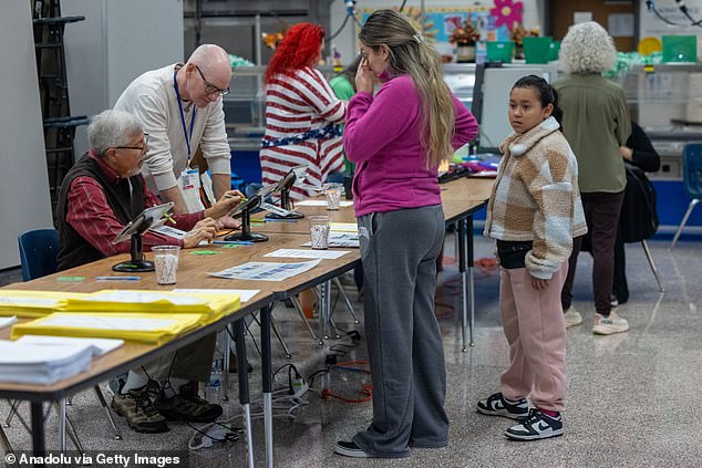 Voters arrive at a polling station to cast their ballots for the presidential and congressional elections in Gwinnett County, Georgia, United States, on November 5, 2024.