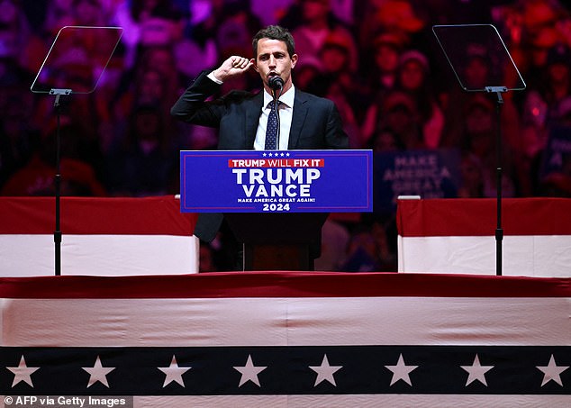 Comedian Tony Hinchcliffe speaks during a campaign rally for former US president and Republican presidential candidate Donald Trump at Madison Square Garden in New York on October 27, 2024.