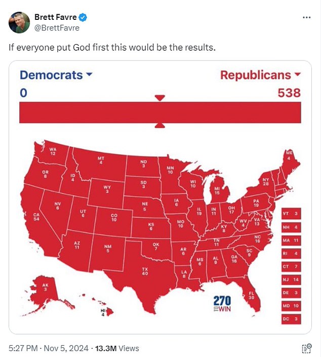 Favre's message on the US electoral map shows Republicans winning in every state