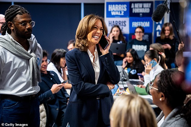 Kamala Harris attends a phone banking event at the Democratic National Committee headquarters on Election Day in Washington, DC