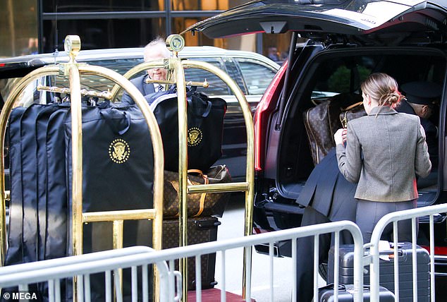 The family was seen with a large amount of Louis Vuitton branded luggage and suit covers with the presidential emblem as they left Trump Tower on Sunday.