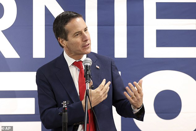 Republican businessman Bernie Moreno speaking during a bus stop in Columbus on October 28.