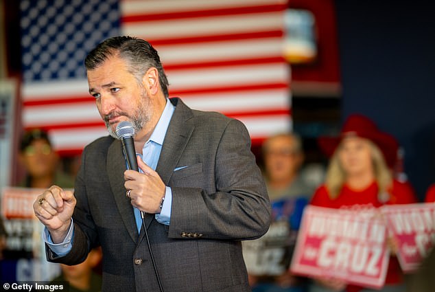 Ted Cruz speaks during a campaign rally on a bus tour. Cruz had a 2-point lead with a week left against Democratic Senate candidate Rep. Colin Allred.