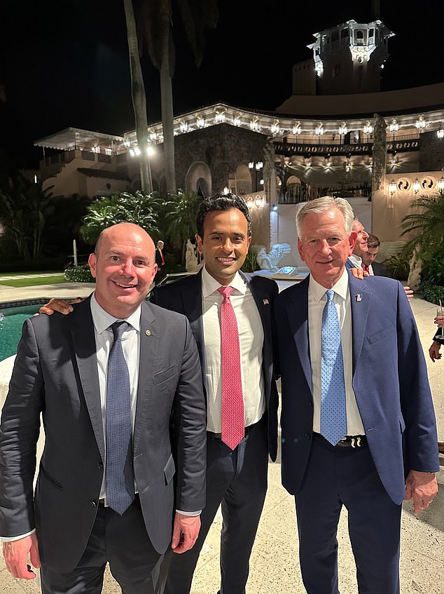 Former presidential candidate Vivek Ramaswamy (center) with Alabama Senator Tommy Tuberville (right) and Ohio Senator Mike Lee (left)