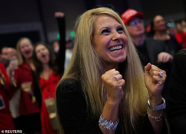 A supporter of Republican presidential candidate and former US President Donald Trump reacts as he watches early results at the site of Trump's election night rally.