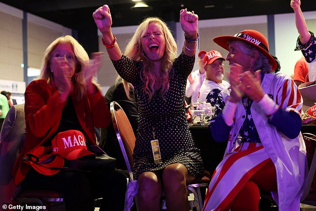 Ecstatic Trump supporters applaud and cheer as they watch the returns during the viewing party in West Palm Beach.