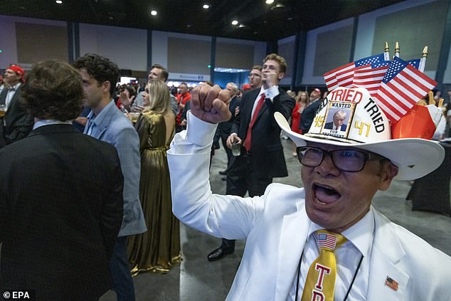 Supporters of former US president and Republican presidential candidate Donald Trump wait for the results of the 2024 US presidential election during the election night watch party at the West Palm Beach Convention Center