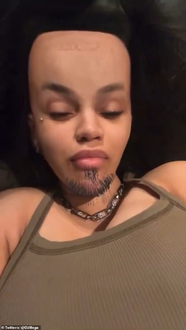 Cardi used a face-distorting filter, disguising herself with a large forehead and a goatee.