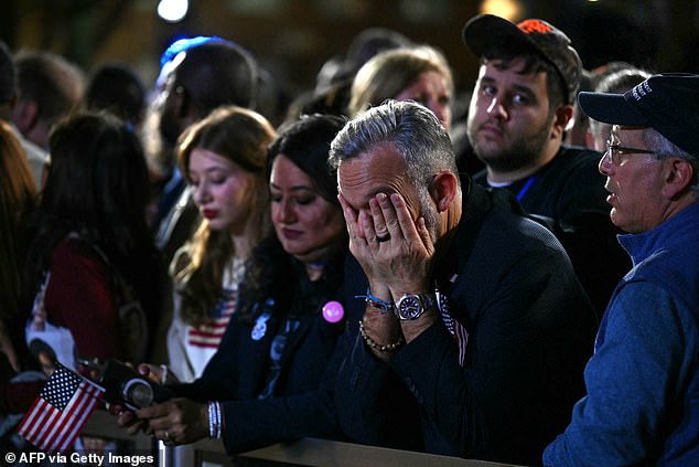 Supporters react to the election results during an election night event for US Vice President Kamala Harris.