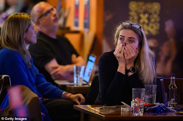 A sombre atmosphere at a venue hosting a watch party for Democrats living abroad in London, UK