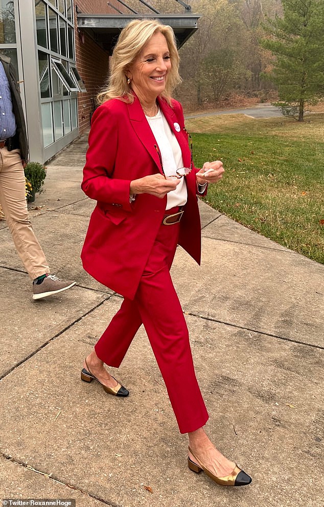 Jill left many social media users scratching their heads when she wore a bright red pantsuit, even though red is the color of Republicans, when she went to the polls to vote on Tuesday.