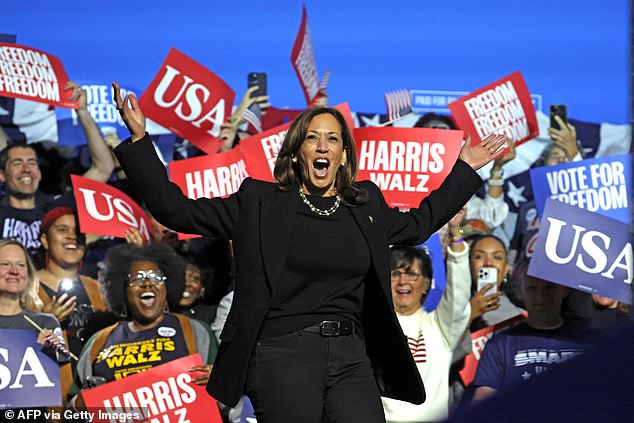 Vice President and Democratic presidential candidate Kamala Harris takes the stage at her campaign rally at the Carrie Blast Furnaces National Historic Landmark outside Pittsburgh.