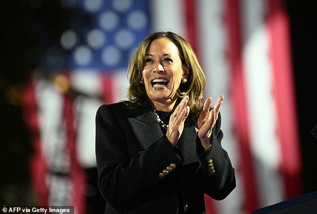 US Vice President and Democratic presidential candidate Kamala Harris arrives to speak during a campaign rally on Benjamin Franklin Parkway in Philadelphia.