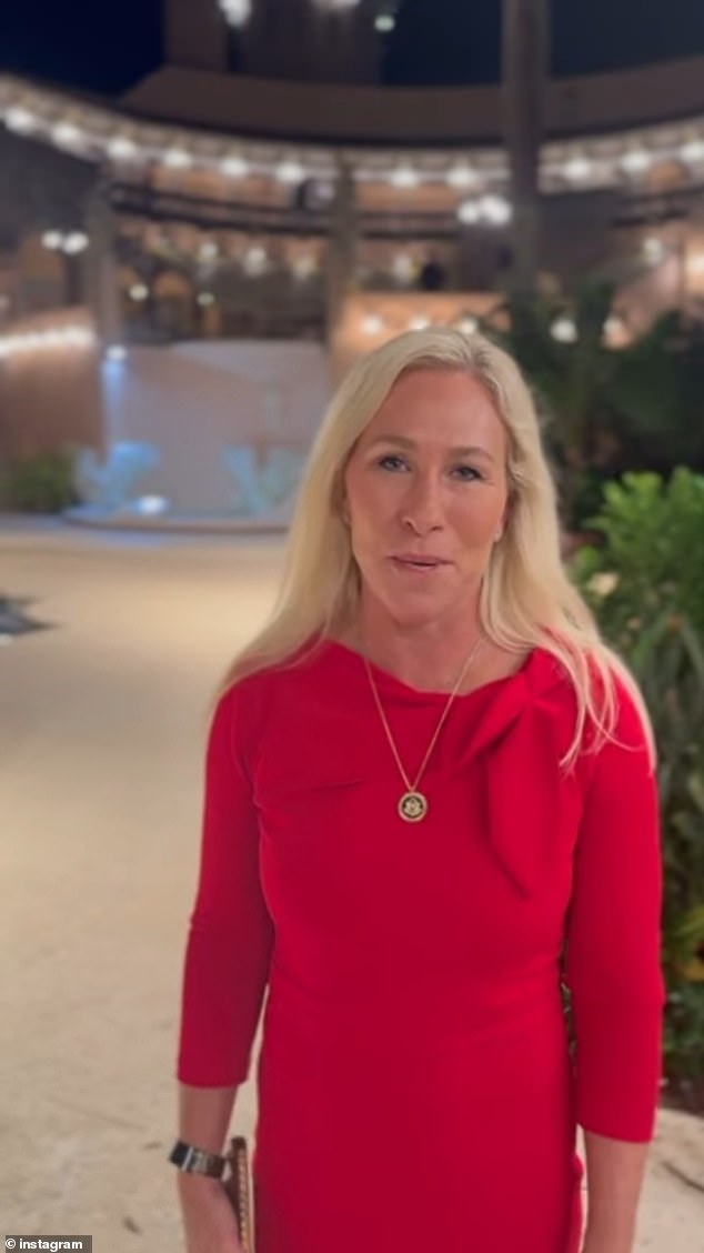 Marjorie Taylor Greene poses outside Mar-a-Lago at Trump victory party