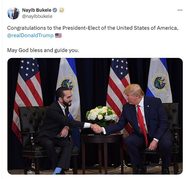 El Salvador President Nayib Bukele shared a photo of himself shaking hands with Trump.