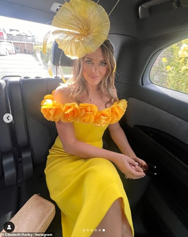 She cut a glamorous figure for the races, wearing a striking yellow dress, with an off-the-shoulder neckline adorned with ruffled flowers.