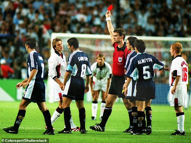 David was sent off against Argentina after kicking Diego Simeone in the back of the leg, attacking the Argentine captain after he had knocked him to the ground.