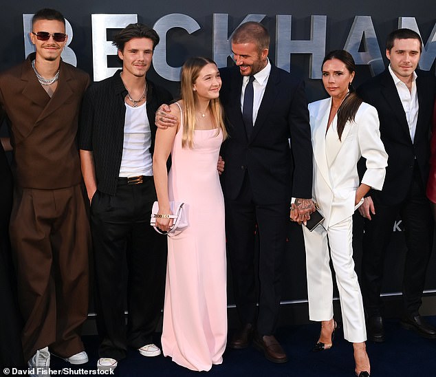 David and Victoria married in 1999 and share children: Brooklyn, 25, Romeo, 22, Cruz, 19, and Harper, 13 (pictured at the premiere of David's documentary last year).