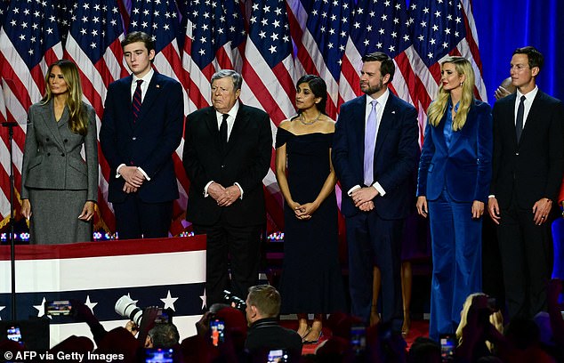 (LR) Former US first lady Melania Trump, Barron Trump, Viktor Knavs, Republican vice presidential candidate JD Vance and his wife Usha Vance, Ivanka Trump and her husband Jared Kushner listen to the Republican leader