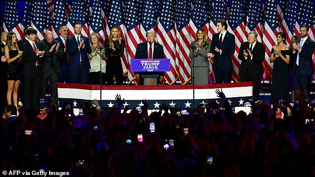 Donald Trump declares victory in the US elections, supported by members of his family on stage at Mar-a-Lago. His daughter Kai, 17, is seen on the left.