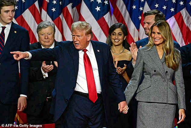 Melania Trump smiled as she held her husband Donald's hand at their election viewing party.