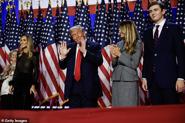 Melania, standing with her husband and son Barron, applauds as her husband celebrates his election victory.