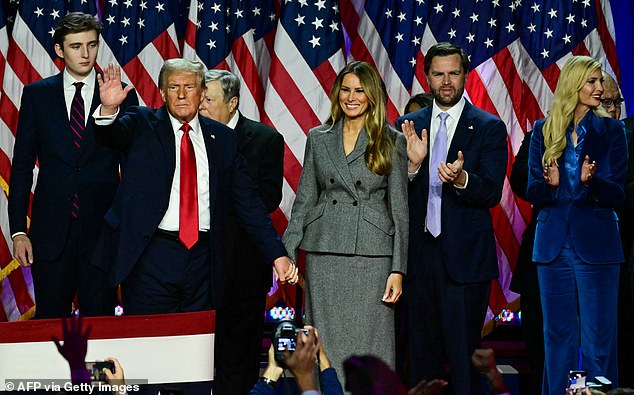 Donald Trump, Melania Trump, Barron Trump, Viktor Knavs, JD Vance and Ivanka Trump appear together at the election night watch party in Palm Beach, Florida.