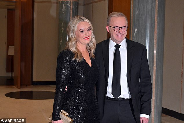 Albanese (pictured with his fiancee Jodie Haydon) reaffirmed his government's commitment to maintaining a strong relationship between Australia and the United States.