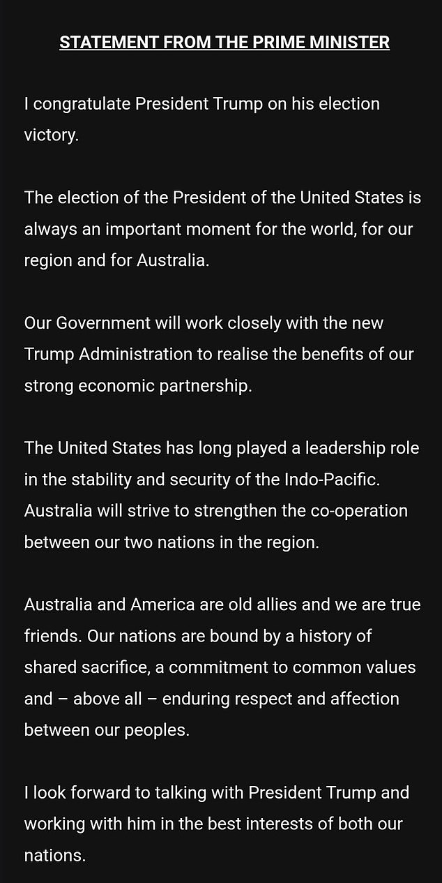 The statement indicated (pictured) that the government looks forward to working closely with the new Trump Administration.