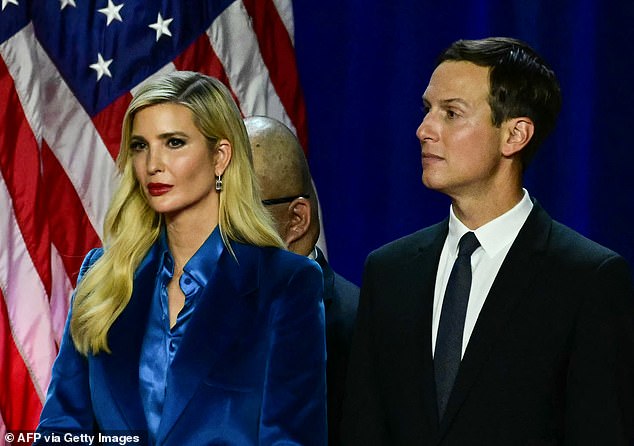 Ivanka (pictured with husband Jared Kushner) took the stage with her father, but this time she was relegated to the far corner after sitting out much of the campaign.