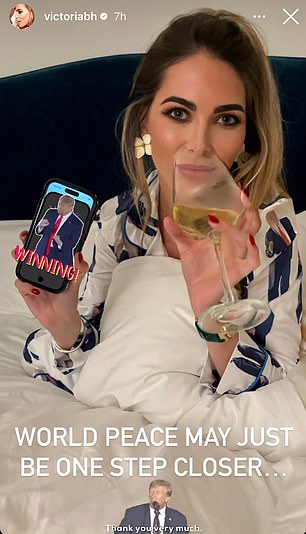 Overnight, Victoria Baker-Harber shared a selfie of herself in bed drinking wine with the words 