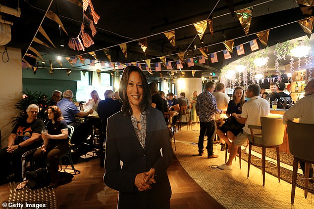 A cardboard cutout of Democratic presidential candidate US Vice President Kamala Harris is seen as people gather to watch live coverage of the US election at the Kent Street Hotel.