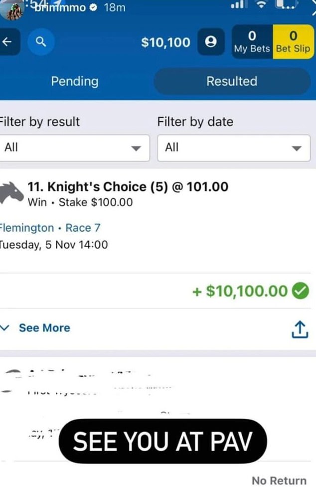 The receipt showed the account owner had won a $10,100 bet on the Melbourne Cup.