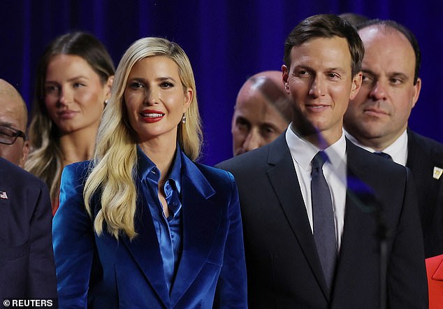 Trump was joined on stage by his family, including his daughter Ivanka (pictured left) and son-in-law Jared Kushner (pictured right).