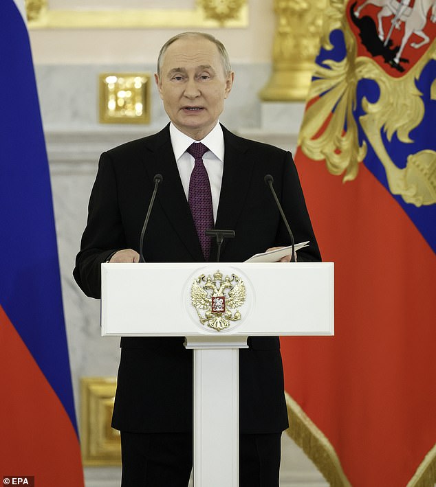 Russian President Vladimir Putin (center) speaks during a credentials presentation ceremony by ambassadors in Moscow, Russia, Nov. 5, 2024.