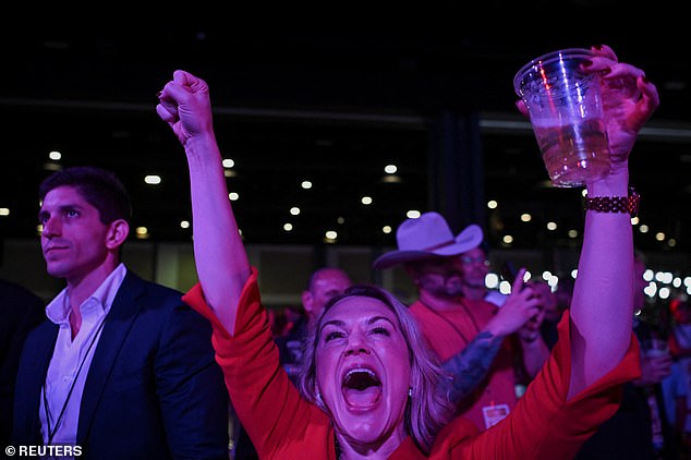 An attendee reacts to early election results at Republican presidential candidate and former US President Donald Trump's election night watch party.