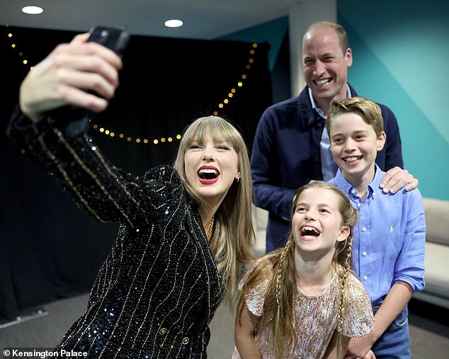 Taylor Swift poses with the Prince of Wales and her children, Prince George and Princess Charlotte, before one of her concerts at Wembley Stadium in London in June. The singer encourages her fans to exchange homemade bead bracelets with names or words on them.