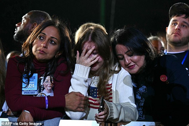 Supporters react to the election results during an election night event for US Vice President and Democratic presidential candidate Kamala Harris at Howard University in Washington, DC.