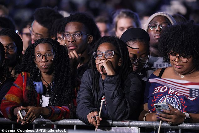 Audience members watch the election results while awaiting the arrival of Democratic presidential candidate and United States Vice President Kamala Harris.