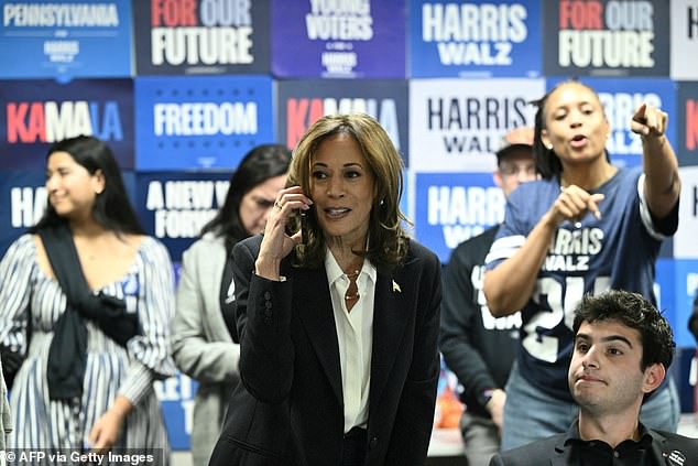 US Vice President and Democratic presidential candidate Kamala Harris participates in a phone bank at the Democratic National Committee headquarters in Washington, DC, on November 5, 2024.