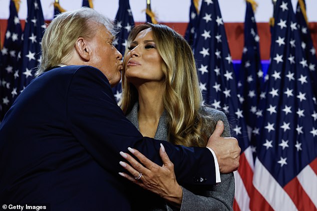 She shared a kiss with the 47th president-elect as he took the stage, after remaining largely invisible during the election campaign.