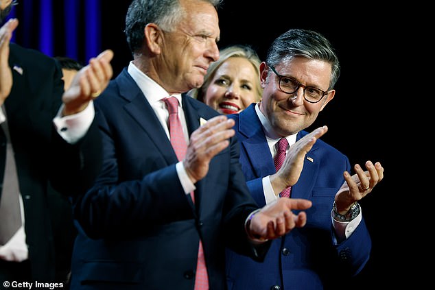 House Speaker Mike Johnson (R-LA) applauds on stage as Republican presidential candidate former U.S. President Donald Trump holds an election night event at the Palm Beach Convention Center on November 6 2024 in West Palm Beach, Florida.