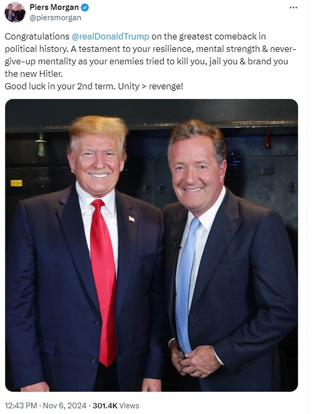 Television host Piers Morgan, another loyal Trump supporter, wrote on X: 